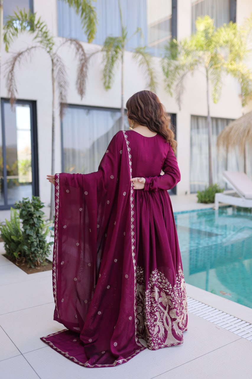 Wine Purple Embroidered Anarkali Gown with Dupatta - Image 4