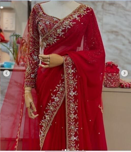 Red Wedding Handwork saree Original Zardosi Crystal Bollywood Indian Style
