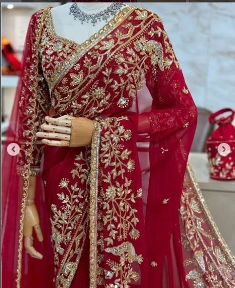 Red Wedding Handwork saree Original Zardosi Crystal Bollywood Indian Style - Image 2