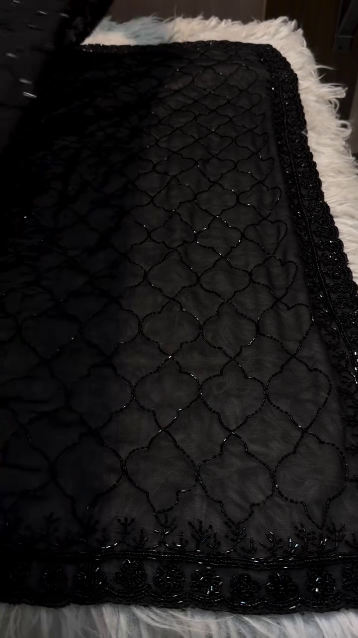 Black Hand Embroidered Beaded Net Fabric