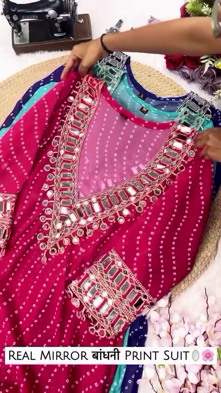Mirror Work Georgette Anarkali Kurta Set with Bandhej Print - Image 4