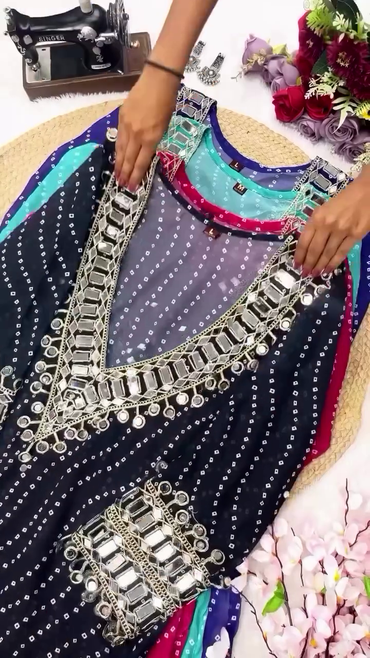 Mirror Work Georgette Anarkali Kurta Set with Bandhej Print - Image 5