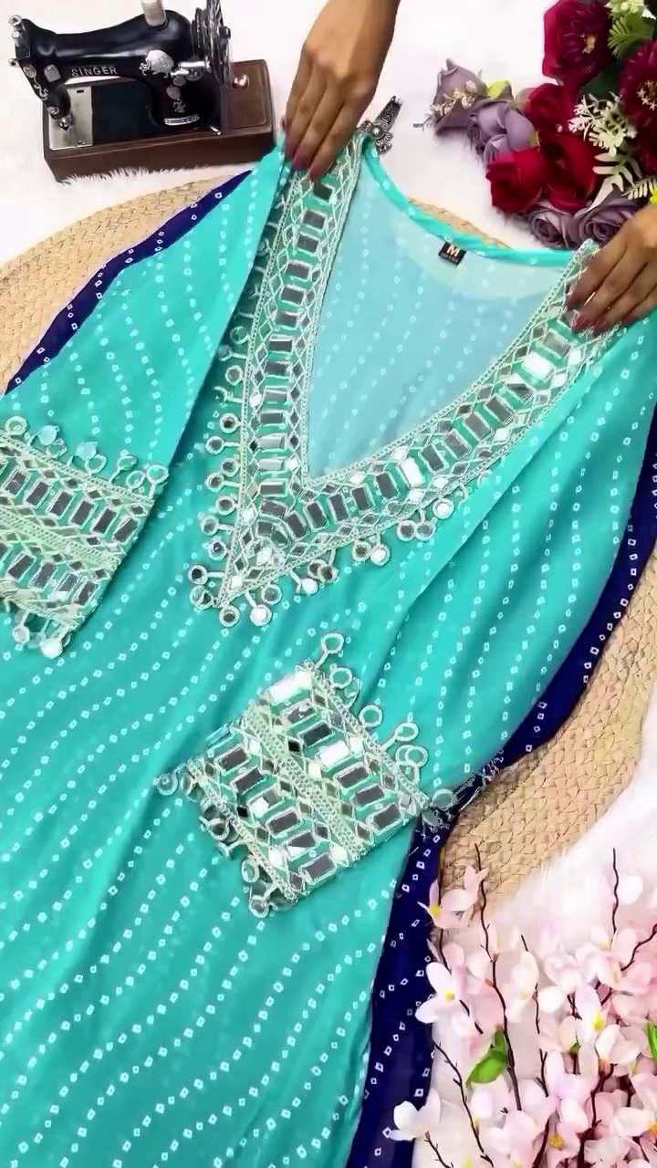 Mirror Work Georgette Anarkali Kurta Set with Bandhej Print - Image 6