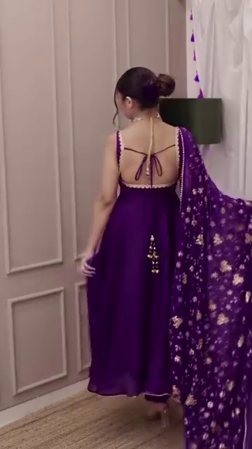 Purple Velvet Anarkali Gown Set with Floral Embroidered Dupatta - Image 2