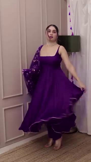 Purple Velvet Anarkali Gown Set with Floral Embroidered Dupatta - Image 3