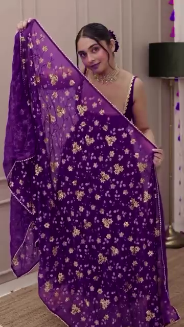 Purple Velvet Anarkali Gown Set with Floral Embroidered Dupatta - Image 4