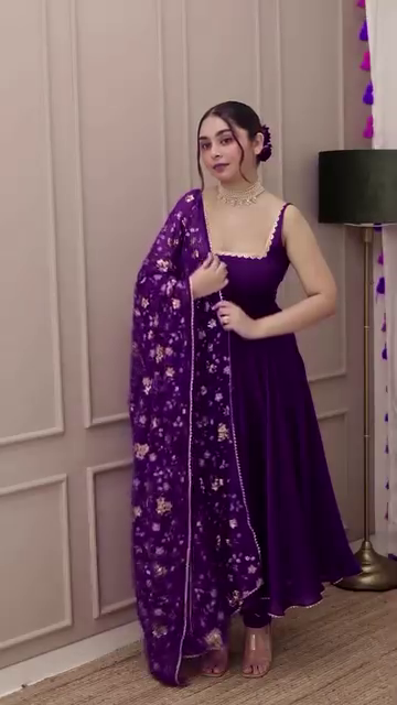 Purple Velvet Anarkali Gown Set with Floral Embroidered Dupatta - Image 5