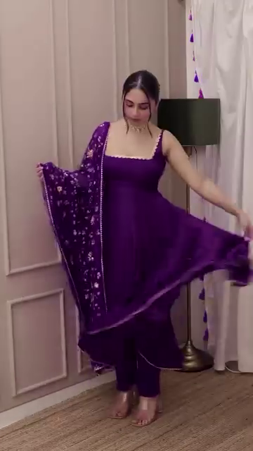 Purple Velvet Anarkali Gown Set with Floral Embroidered Dupatta - Image 6