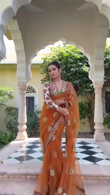 Orange Embroidered Net Saree with Sequin Blouse - Image 4