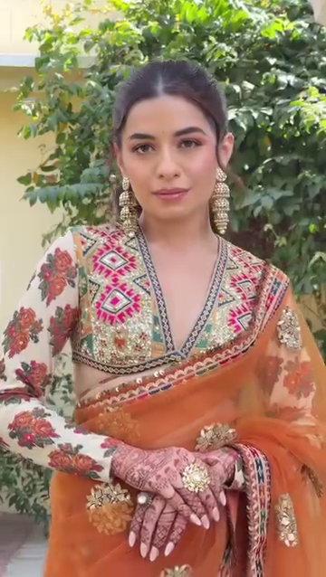 Orange Embroidered Net Saree with Sequin Blouse - Image 5