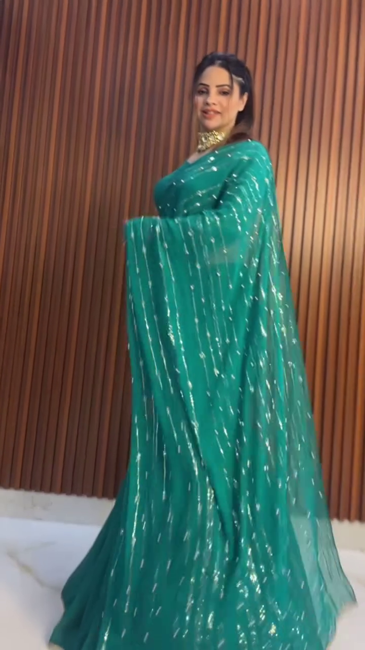 Bottle Green Ruffle Saree Gown with Sequin Detailing - Image 3