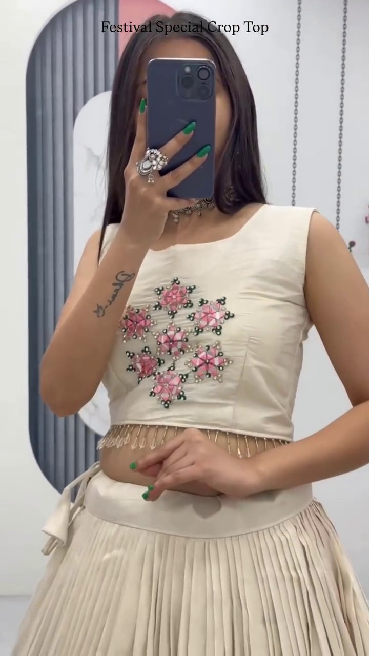 Off-White Embroidered Crop Top with Pleated Silk Lehenga ? Festival Special - Image 3
