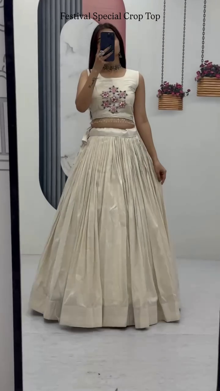 Off-White Embroidered Crop Top with Pleated Silk Lehenga ? Festival Special