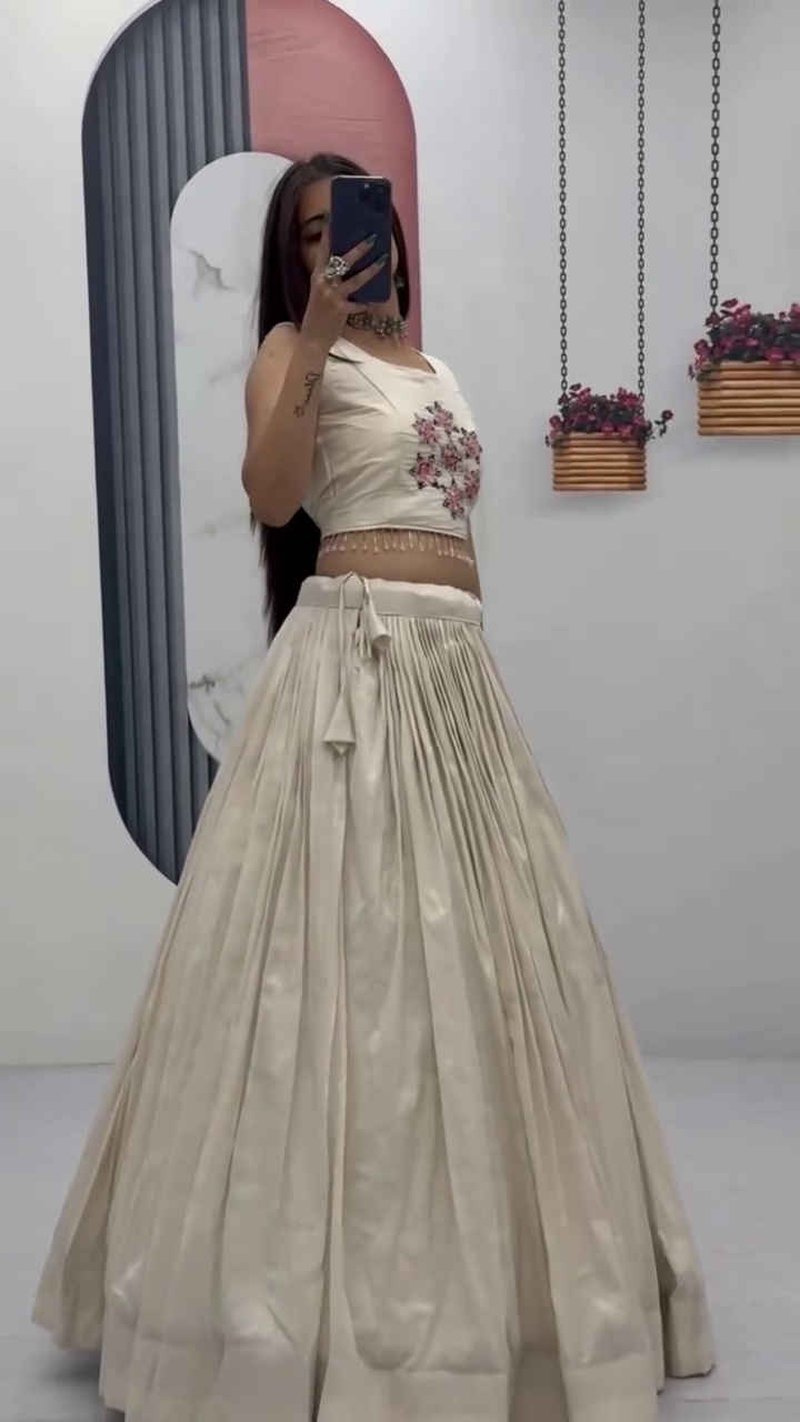 Off-White Embroidered Crop Top with Pleated Silk Lehenga ? Festival Special - Image 4