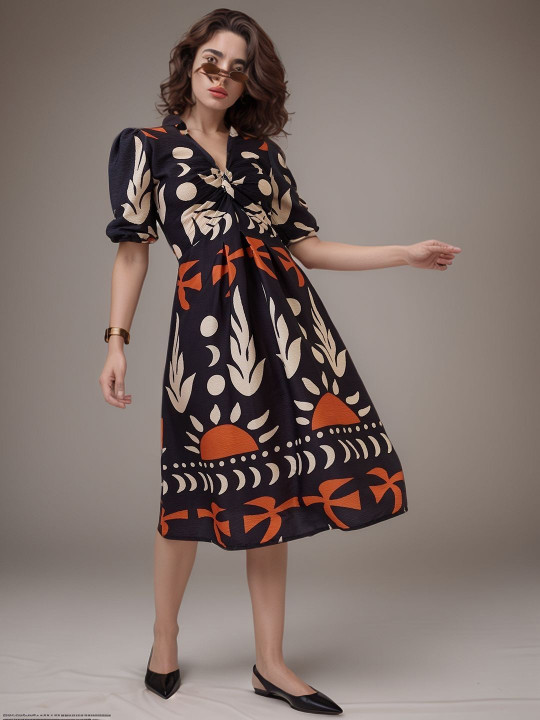 Black Abstract Sun & Leaf Print A-Line Midi Dress - Image 2
